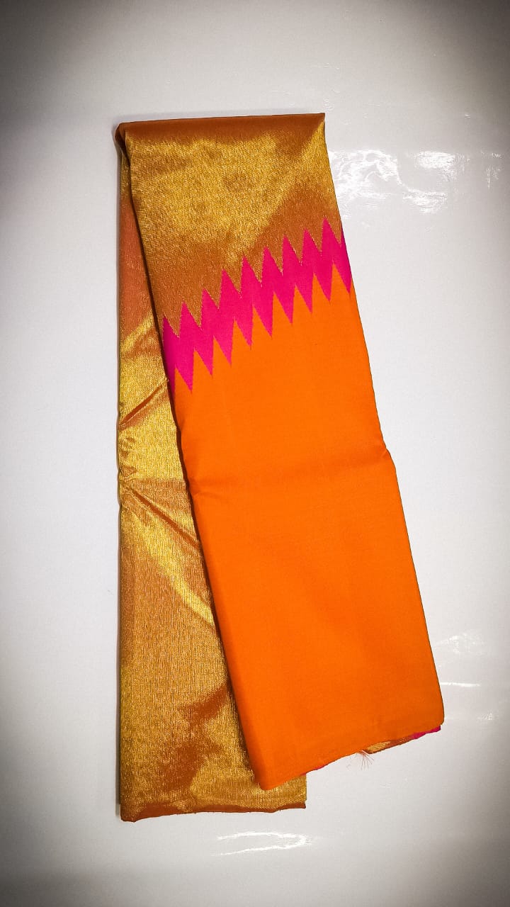 Orange Pink Korvai Raising Temple Border Kanchipuram Silk Saree