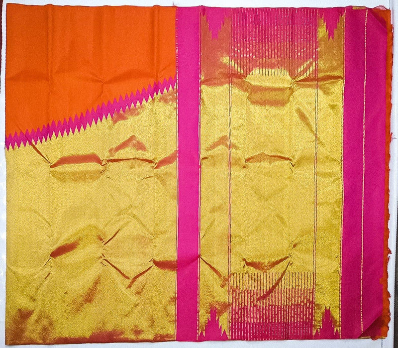 Orange Pink Korvai Raising Temple Border Kanchipuram Silk Saree