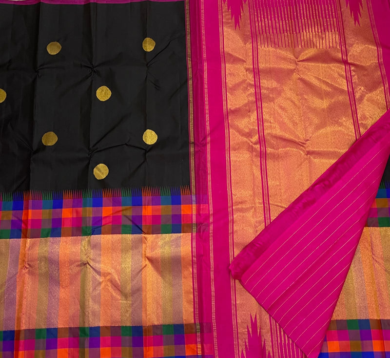 Black Kanchipuram Silk Saree with Multicolor Temple Border