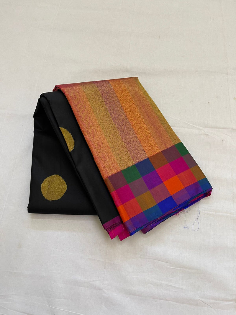 Black Kanchipuram Silk Saree with Multicolor Temple Border