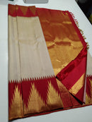 Half White Korvai Contrast Temple Border Kanchipuram Silk Saree