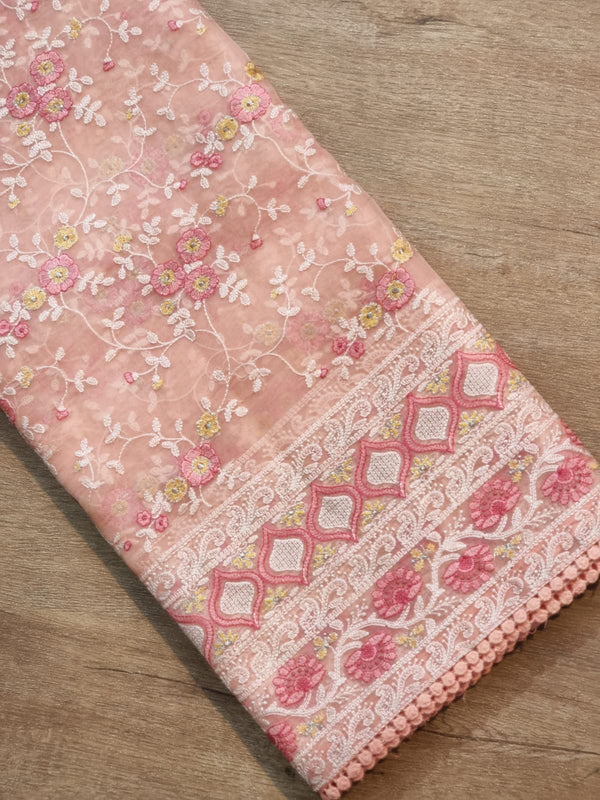 Peach Pink Organza Saree with Chikankari Embroidery Work & Crochet Lace