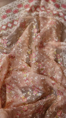 Peach Pink Organza Saree with Chikankari Embroidery Work & Crochet Lace