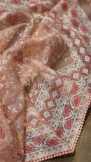 Peach Pink Organza Saree with Chikankari Embroidery Work & Crochet Lace