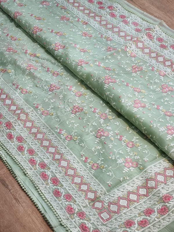 Pistha Green Organza Saree with Chikankari Embroidery Work & Crochet Lace