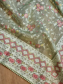 Pistha Green Organza Saree with Chikankari Embroidery Work & Crochet Lace