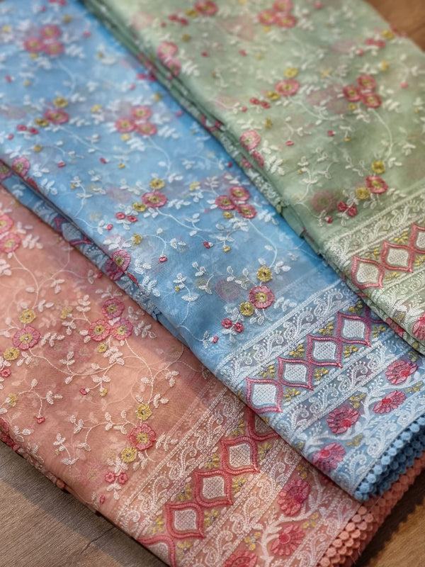 Organza Saree with Chikankari Embroidery Work & Crochet Lace