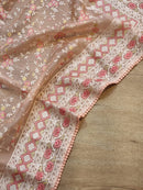 Peach Pink Organza Saree with Chikankari Embroidery Work & Crochet Lace
