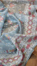 Pastel Blue Organza Saree with Chikankari Embroidery Work & Crochet Lace