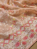 Peach Pink Organza Saree with Chikankari Embroidery Work & Crochet Lace