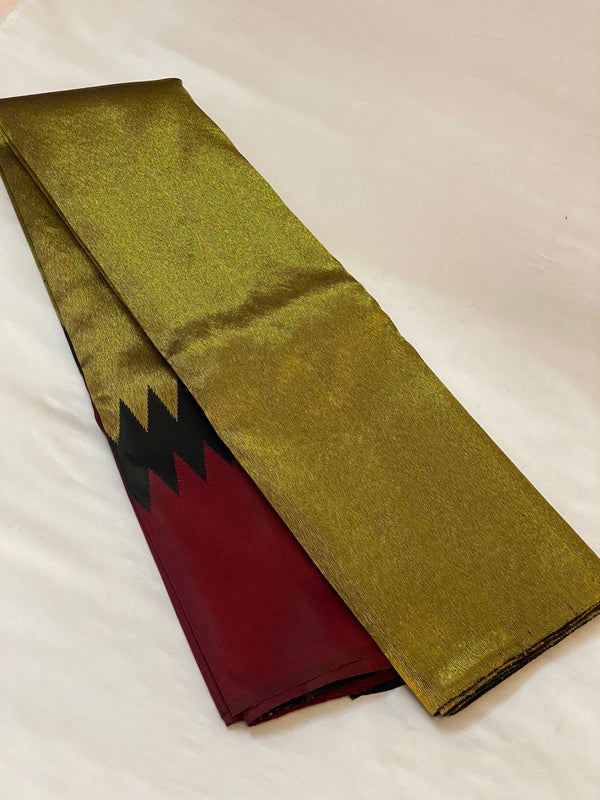 Maroon Black Korvai Raising Temple Border Kanchipuram Silk Saree