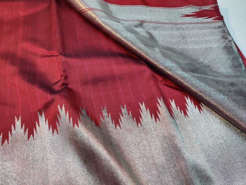 Reddish Maroon Kanchipuram Silk Saree with Silver Zari Temple Border