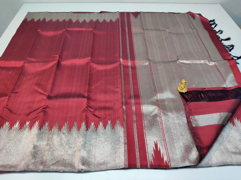 Reddish Maroon Kanchipuram Silk Saree with Silver Zari Temple Border