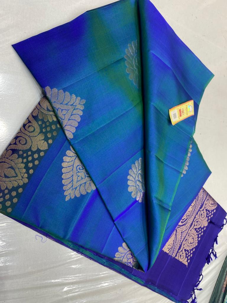 Dual Shade Peacock Blue Borderless Soft Silk Saree