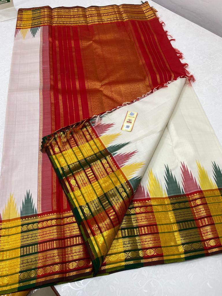 Half White Traditional Korvai Temple Border Handloom Kanchipuram Silk Saree