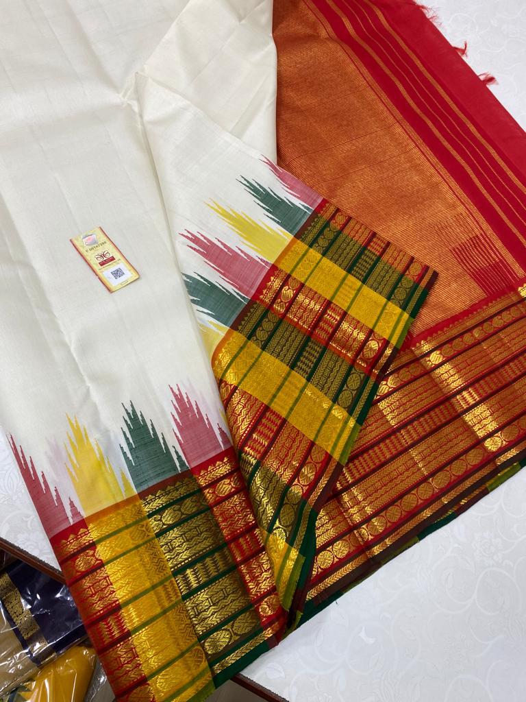 Half White Traditional Korvai Temple Border Handloom Kanchipuram Silk Saree