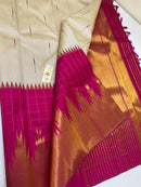 Half White Traditional Korvai Temple Border Handloom Kanchipuram Silk Saree