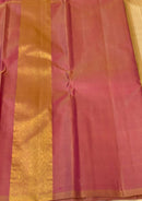 Half White Beige with Pink Korvai Raising Temple Border Kanchipuram Silk Saree
