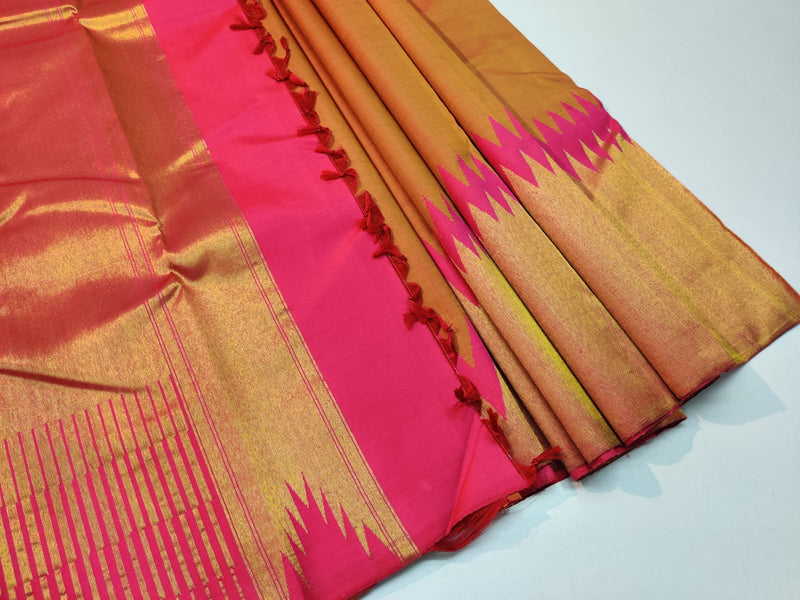 Mustard Pink Korvai Raising Temple Border Kanchipuram Silk Saree