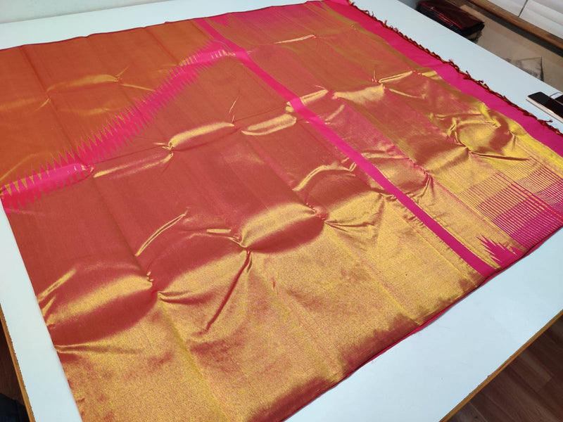 Mustard Pink Korvai Raising Temple Border Kanchipuram Silk Saree