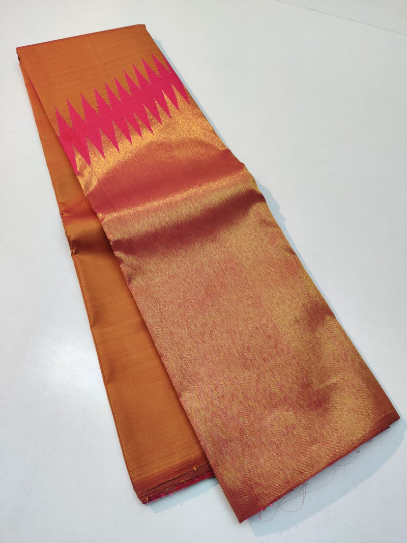 Mustard Pink Korvai Raising Temple Border Kanchipuram Silk Saree