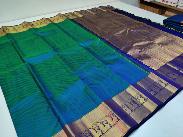 Peacock Blue Embossed Kanchipuram Pure Silk Saree