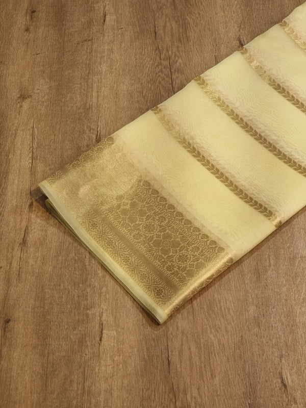 Pastel Yellow Banarasi Kora Silk Saree