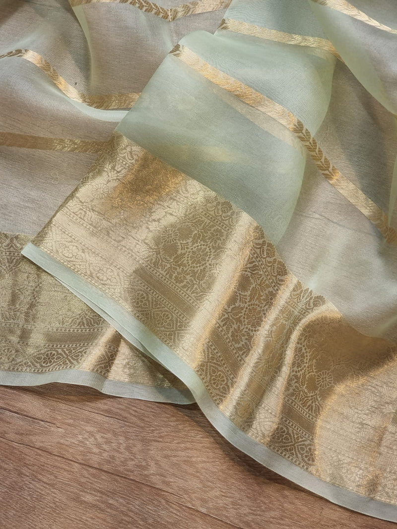 Pastel Green Banarasi Kora Silk Saree