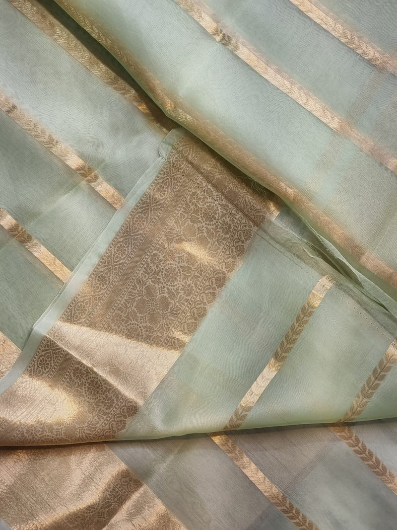 Pastel Green Banarasi Kora Silk Saree