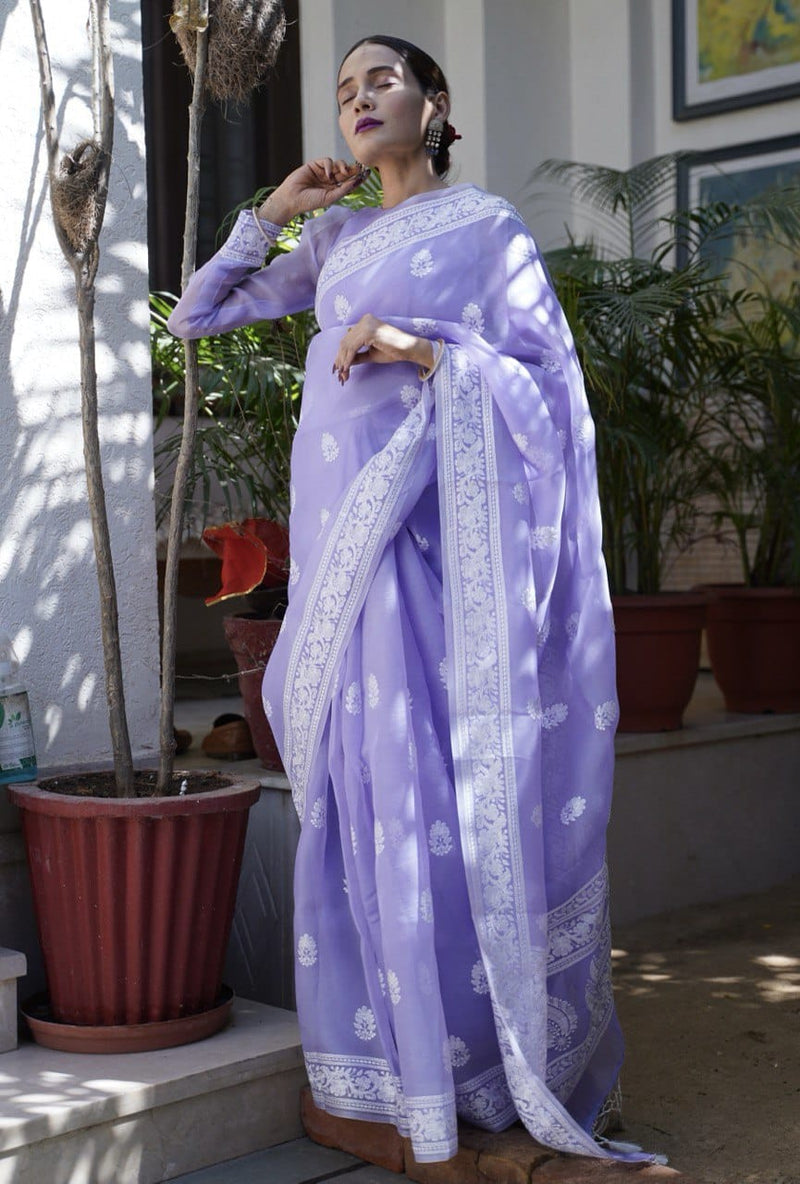 Lavendar Organza Saree with Chikankari Embroidery Work