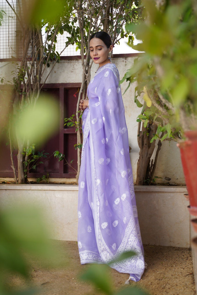 Lavendar Organza Saree with Chikankari Embroidery Work