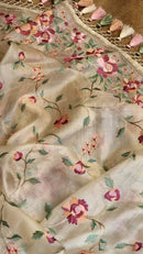 Pure Tussar Silk Embroidery floral jaal Saree with special tassels