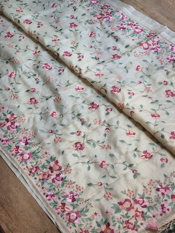 Pure Tussar Silk Embroidery floral jaal Saree with special tassels