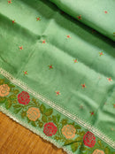 Green Organza Silk Saree with CrossStitch Border Scalloped Edging Embroidery Work