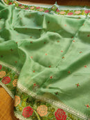 Green Organza Silk Saree with CrossStitch Border Scalloped Edging Embroidery Work