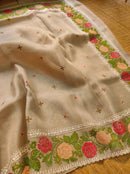Sandal Organza Silk Saree with CrossStitch Border Scalloped Edging Embroidery Work