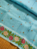 Blue Organza Silk Saree with CrossStitch Border Scalloped Edging Embroidery Work