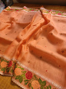 Peach Orange Organza Silk Saree with CrossStitch Border Scalloped Edging Embroidery Work