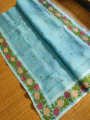 Blue Organza Silk Saree with CrossStitch Border Scalloped Edging Embroidery Work