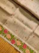 Sandal Organza Silk Saree with CrossStitch Border Scalloped Edging Embroidery Work