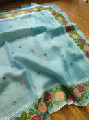 Blue Organza Silk Saree with CrossStitch Border Scalloped Edging Embroidery Work
