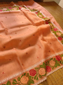 Peach Orange Organza Silk Saree with CrossStitch Border Scalloped Edging Embroidery Work
