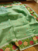Green Organza Silk Saree with CrossStitch Border Scalloped Edging Embroidery Work