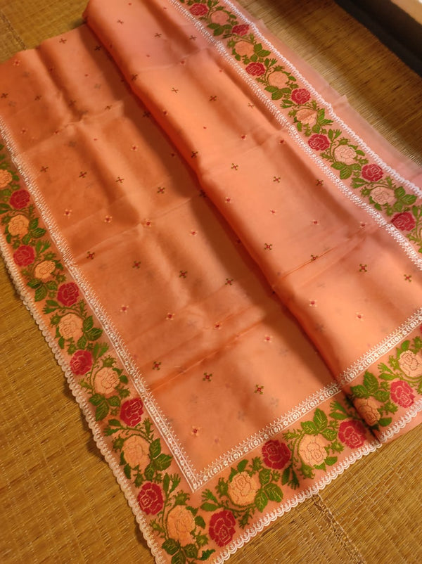 Peach Orange Organza Silk Saree with CrossStitch Border Scalloped Edging Embroidery Work
