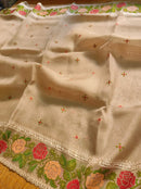 Sandal Organza Silk Saree with CrossStitch Border Scalloped Edging Embroidery Work