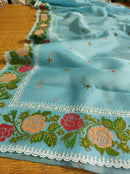 Blue Organza Silk Saree with CrossStitch Border Scalloped Edging Embroidery Work
