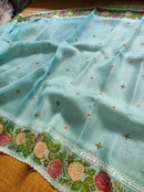 Blue Organza Silk Saree with CrossStitch Border Scalloped Edging Embroidery Work