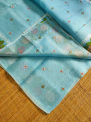 Blue Organza Silk Saree with CrossStitch Border Scalloped Edging Embroidery Work