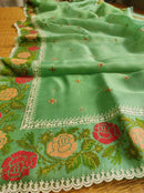 Green Organza Silk Saree with CrossStitch Border Scalloped Edging Embroidery Work