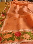 Peach Orange Organza Silk Saree with CrossStitch Border Scalloped Edging Embroidery Work